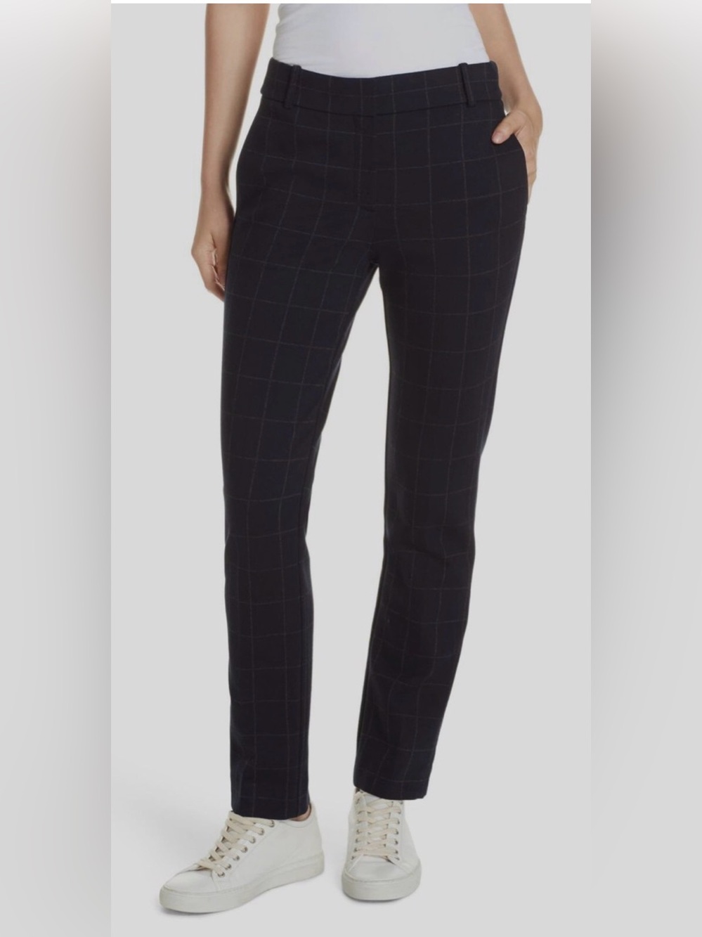 Theory Women's Blue Windowpane Slim Fit Knit Straight Leg Trousers Pants Size 2